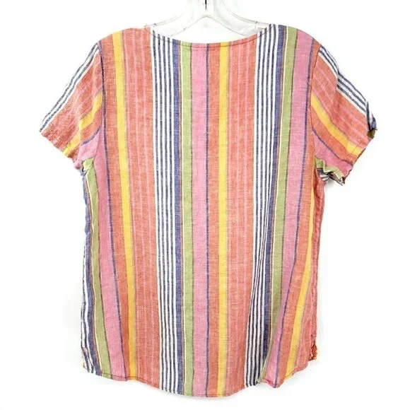 C&C California Colorful Striped Summer Top Round Neck  100% Linen Light Shirt - Picture 8 of 11